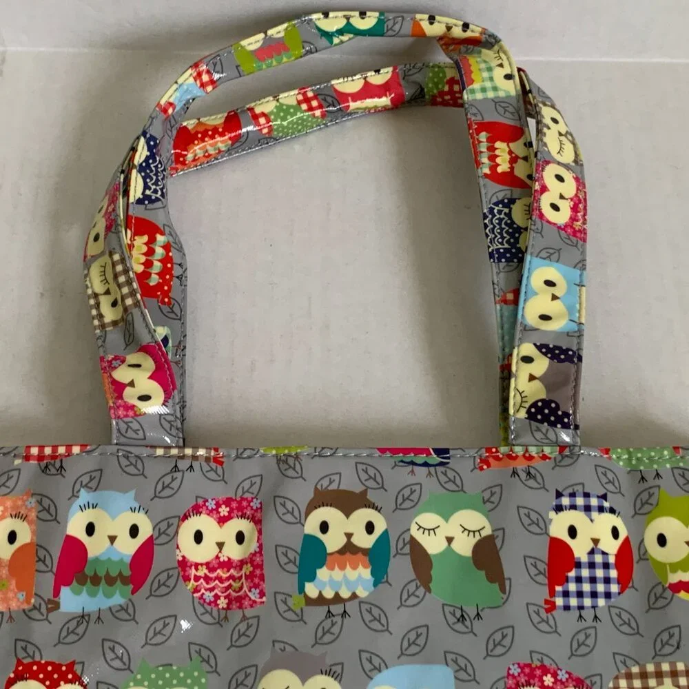 Paperchase Fun Owl Leaves Print Tote Bag Gray Multicolor PVC Shopper ~ 12